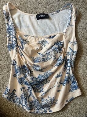 Cider Cream Tank Top with Blue Toile Print